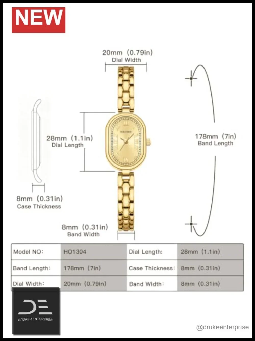 Vintage Oval Small Face Gold Wrist Watch Roman Numerals Quartz 30M Waterproof